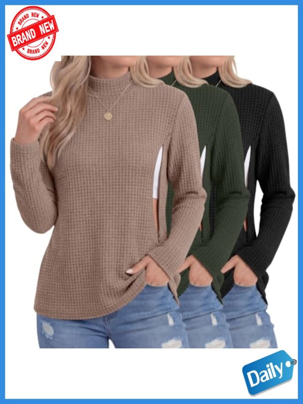 3-Pack Nursing Long Sleeve Shirts Maternity Tops Zip Front Mock Neck Waffle Knit